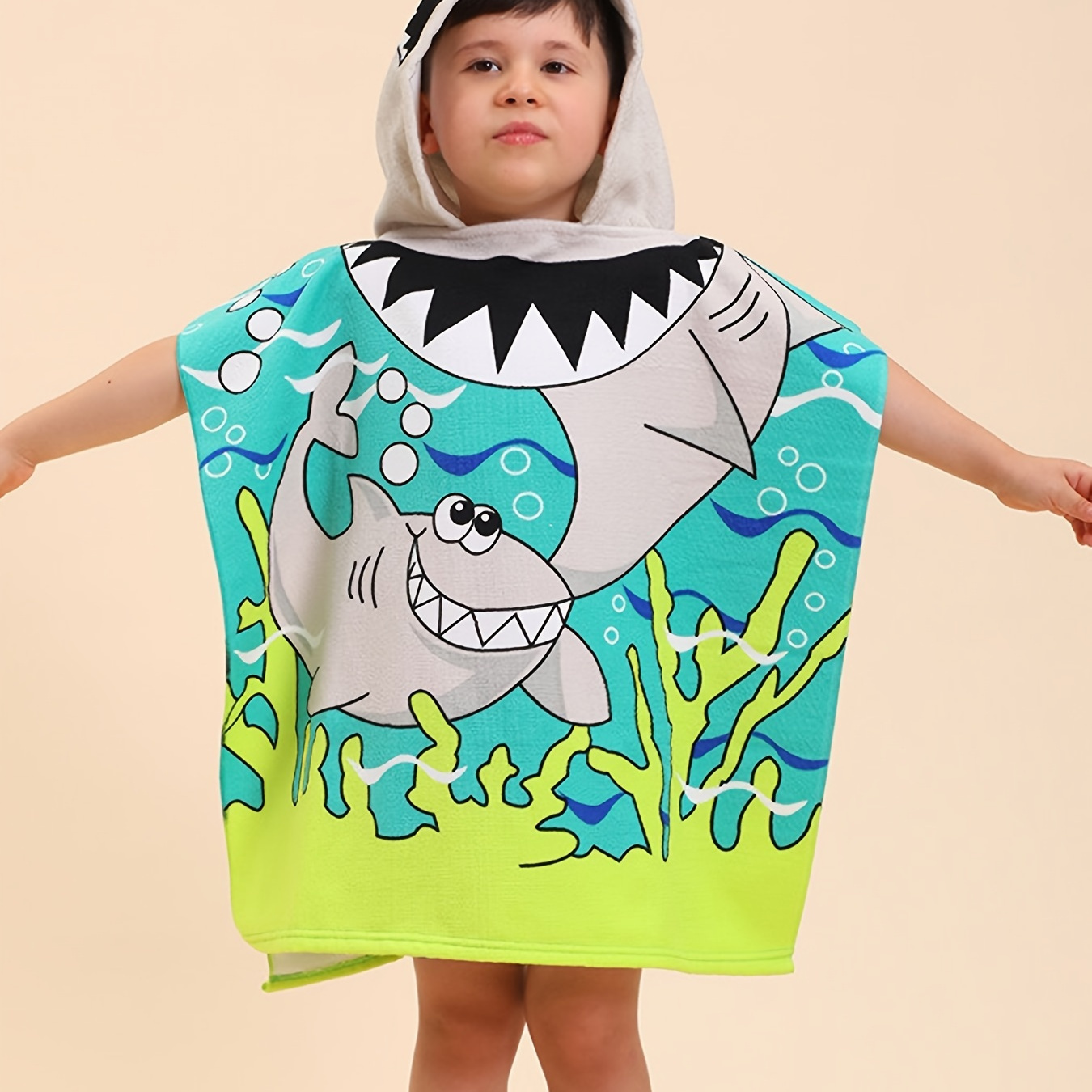 

1pc Cartoon Shark Multi-functional Children's Hooded Bathrobe, Lightweight Hooded Beach Towel, Soft And Comfortable Loungewear Nightgown For Pool Beach Travel Adventures