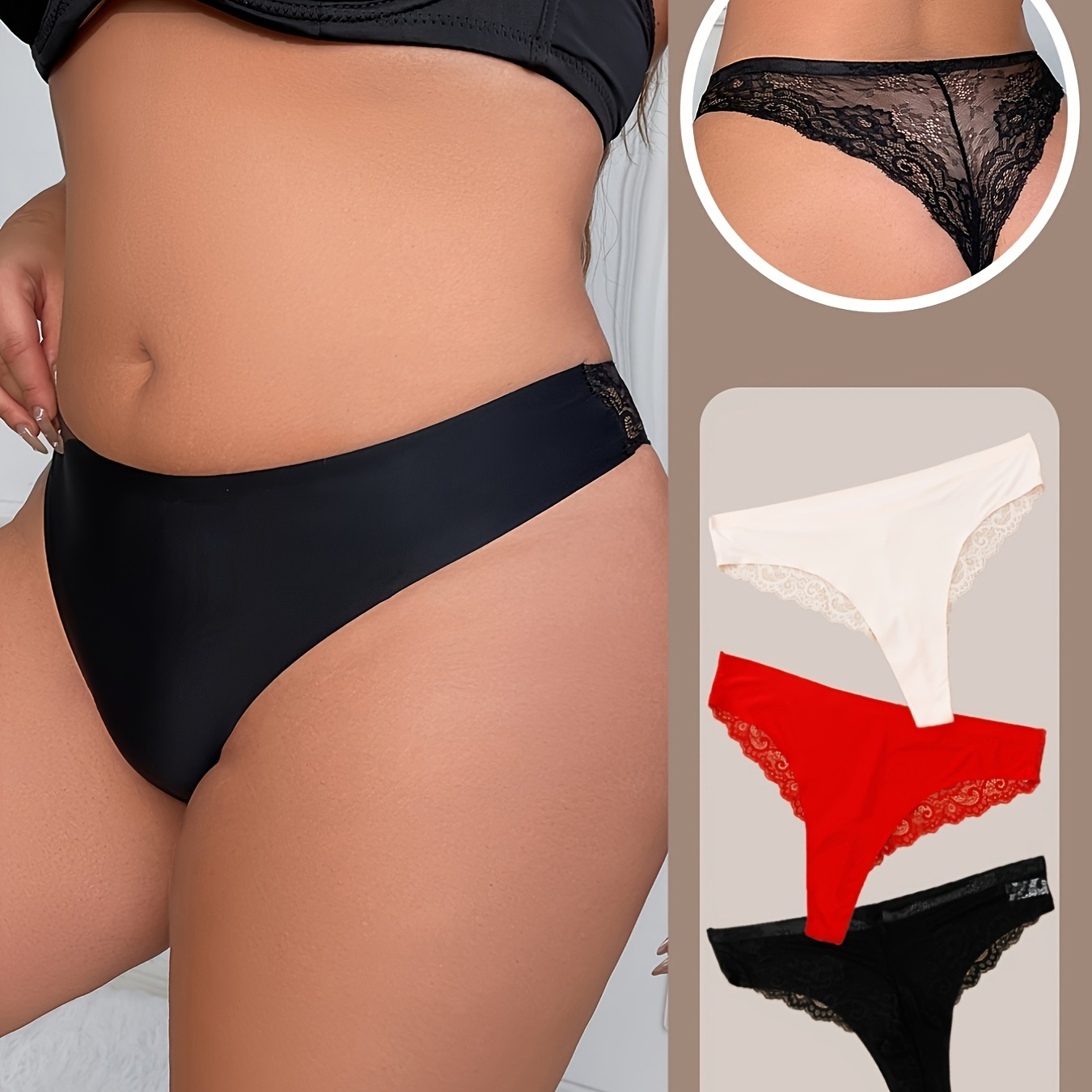 Paquete de 3 tangas sexys de talla * conjunto de 3 piezas de tangas  elásticas ligeras de encaje de contraste sólido para mujer