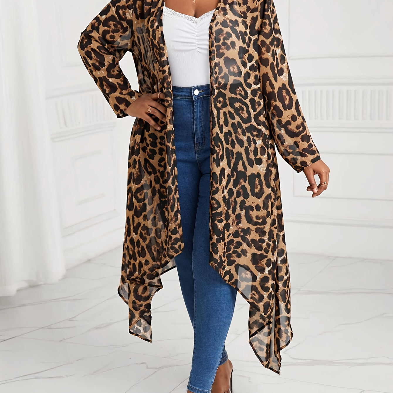 トップス Semantic design leopard long cardigan plus size women's leopard print cardigan elegant open front