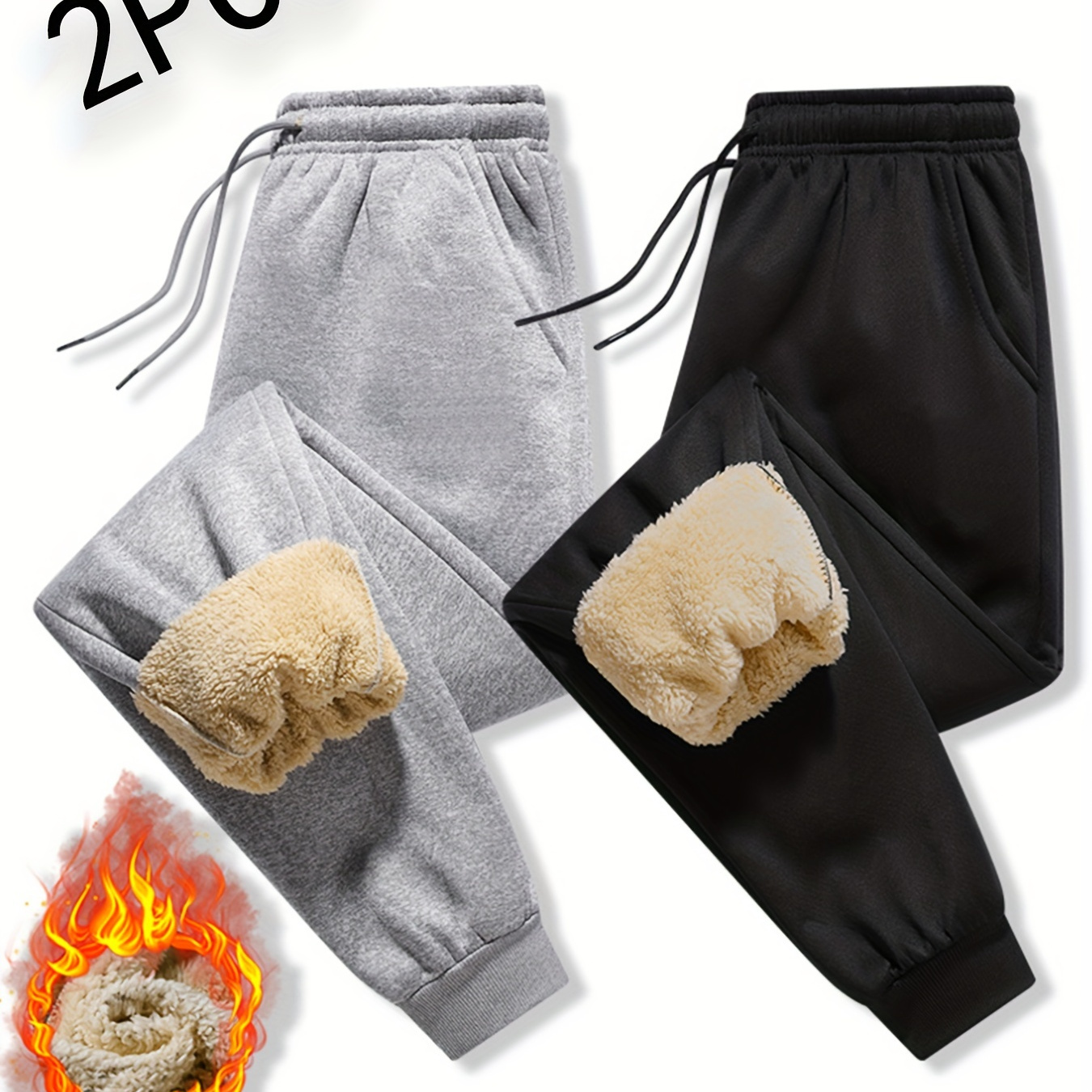 

2pcs Men's Fleece Lined Solid Jogger Sweatpants With Drawstring, Casual Warm Trousers As Gift