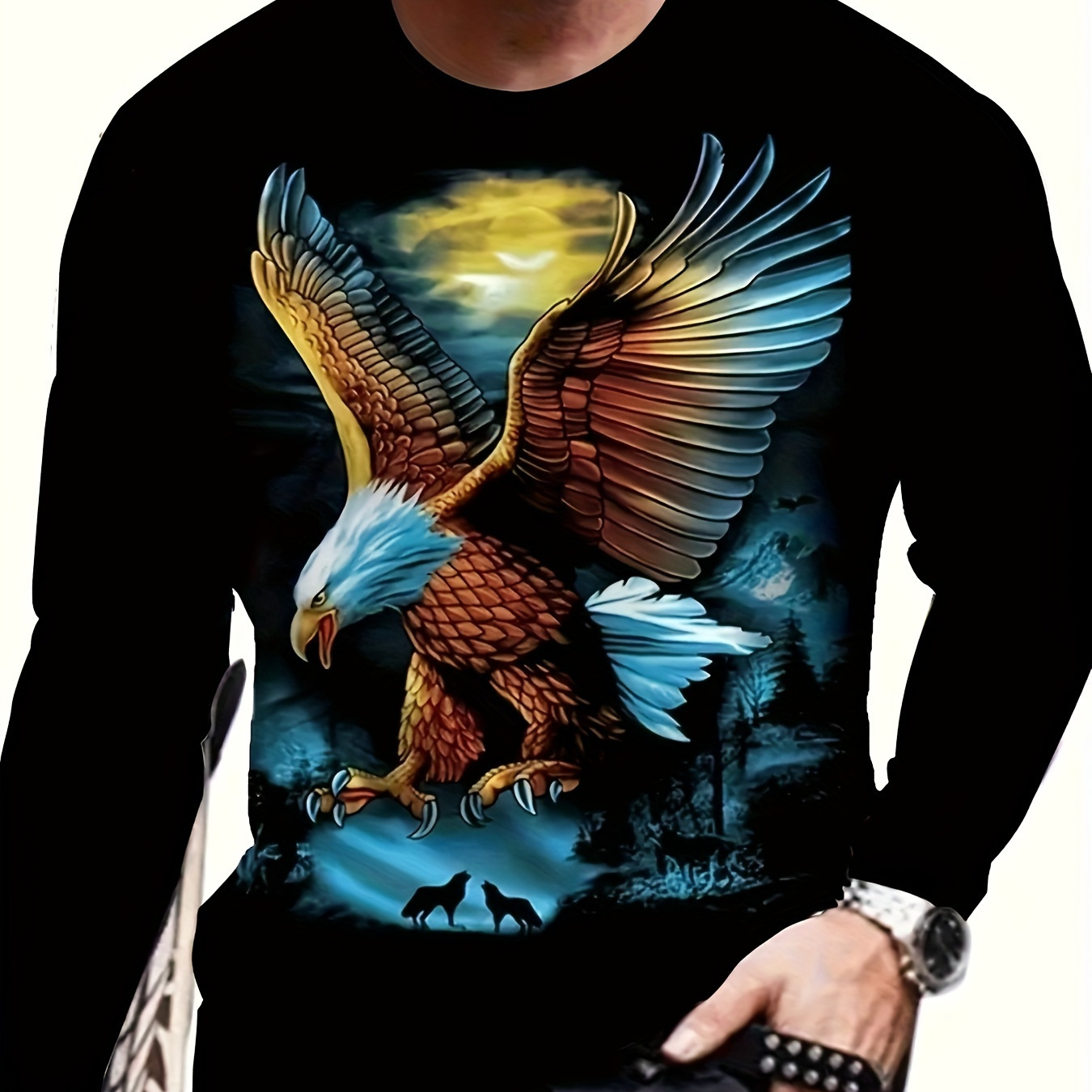 

Eagle Print, Men's Graphic Design Crew Neck Long Sleeve Active T-shirt Tee, Casual Comfy Shirts For Spring Summer Autumn, Men's Clothing Tops