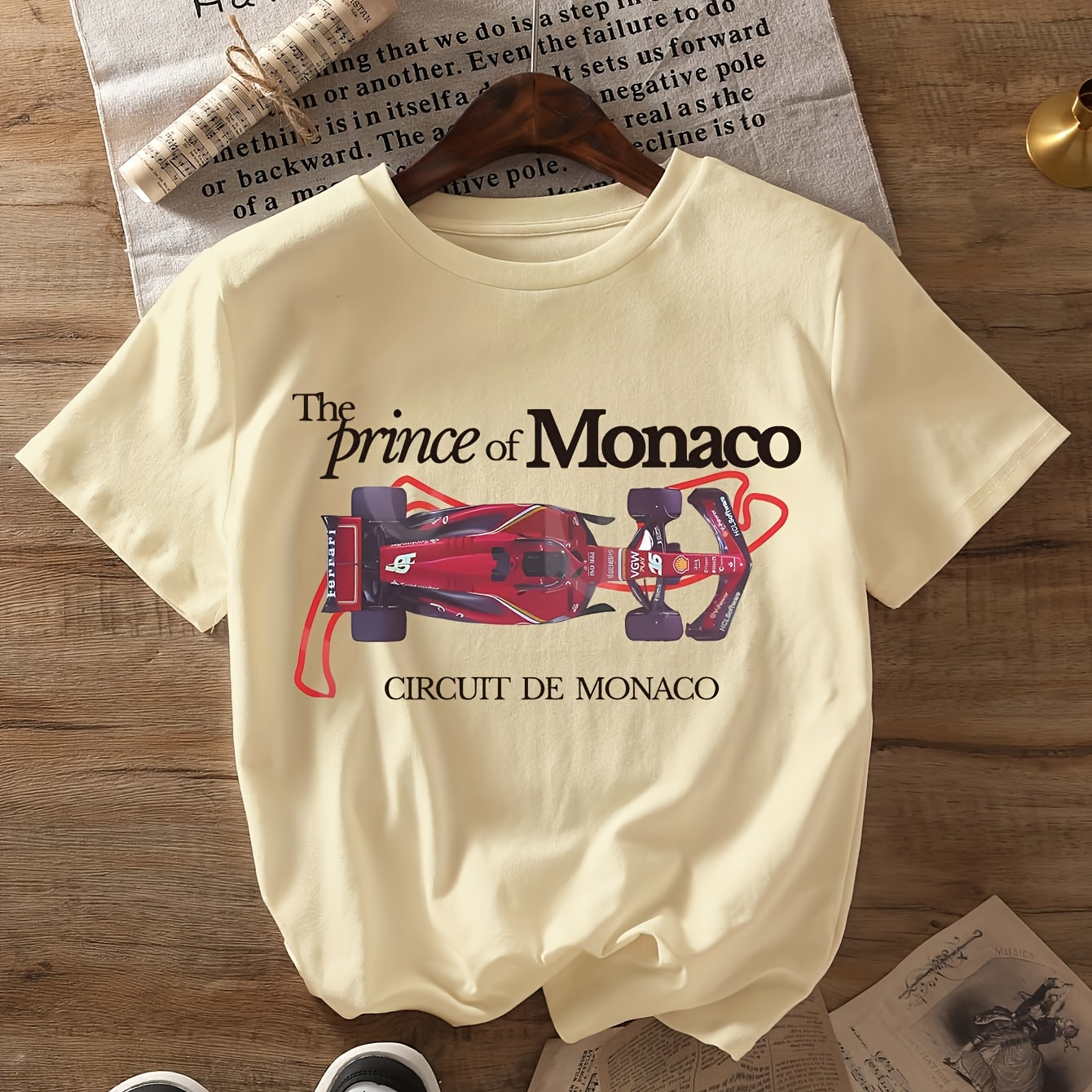 

Women's Prince Of Monaco F1 Graphic Tee, Casual Crew Neck Short Sleeve T-shirt, Summer Knit Polyester Top With Cartoon Print, Regular Fit - 95% Polyester, 5% Elastane