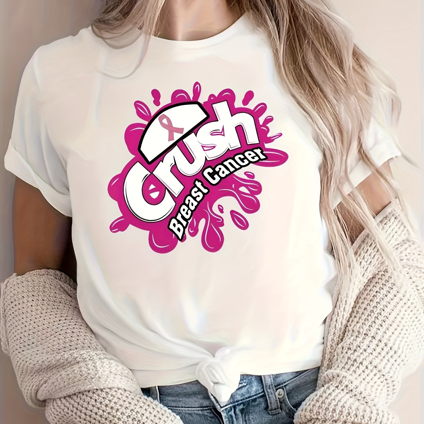 

Anti Breast Cancer Print T-shirt, Casual Crew Neck Short Sleeve Top, Women's Clothing