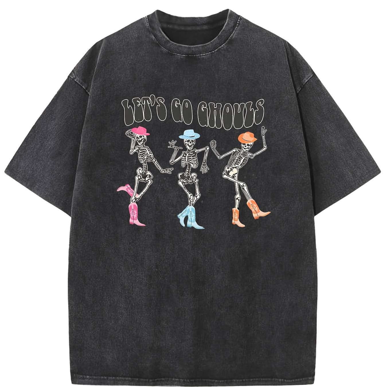 

Let's Go Ghouls Vintage Washed High Quality Cotton Patterned T-shirt Men's T-shirt Clothing Drop Shoulder Sleeve Round Neck Tops Short Sleeve