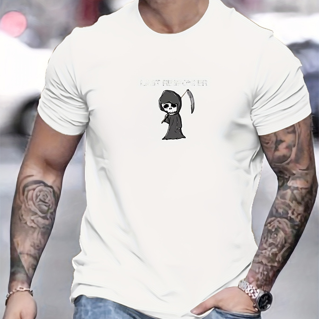 

' Last Responder ' Letters And Cartoon Grim Reaper Pattern Print Men's Crew Neck Short Sleeve T-shirt, Summer Breathable Lightweight Top For Outdoor Fitness & Daily Commute