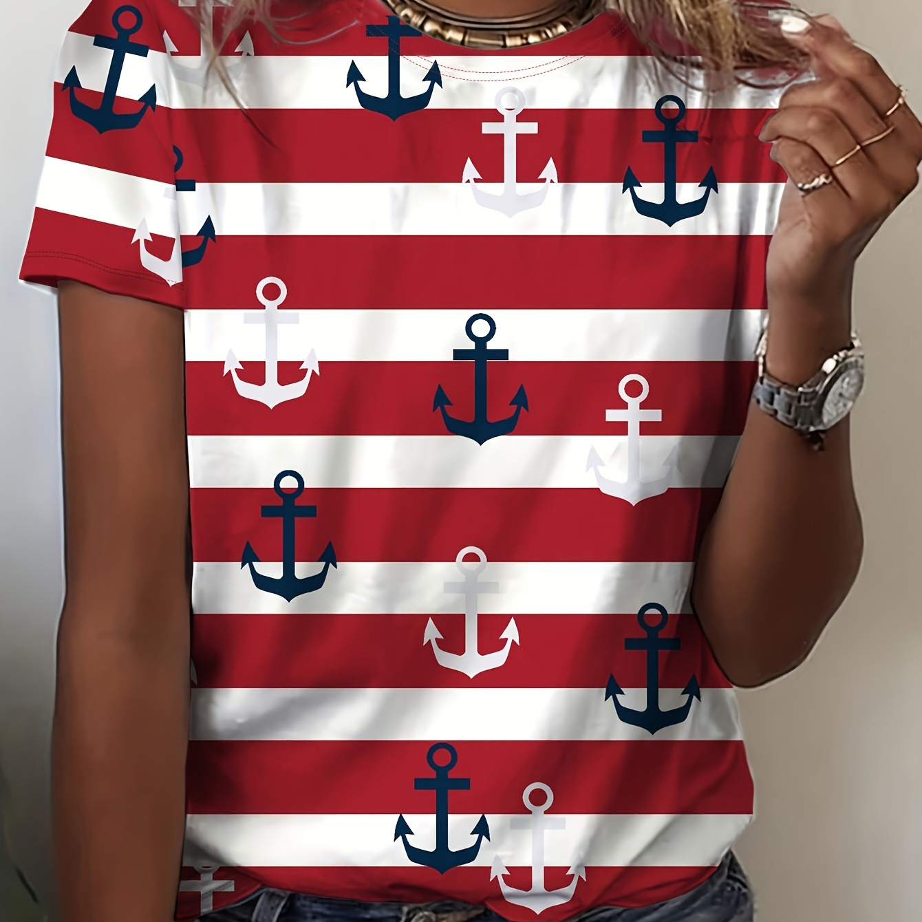 

Patriotic Anchor T-shirt For Women - Sporty , 100% Polyester, Crew Neck, Short Sleeve Top, Machine Washable, Ideal For Spring/summer