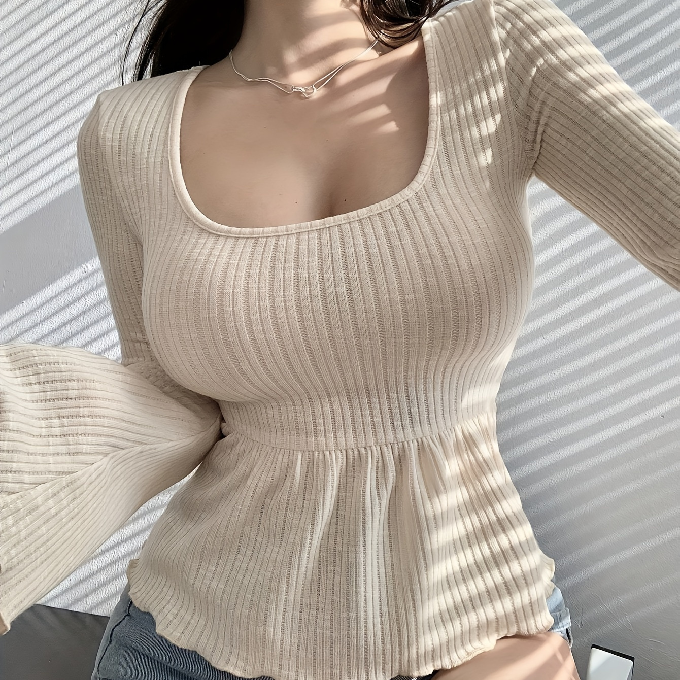 

Elegant Ribbed Long Sleeve T-shirt For Women - V-neck, Slim Fit With Lettuce Hem, Casual Polyester Top, Spring & Fall