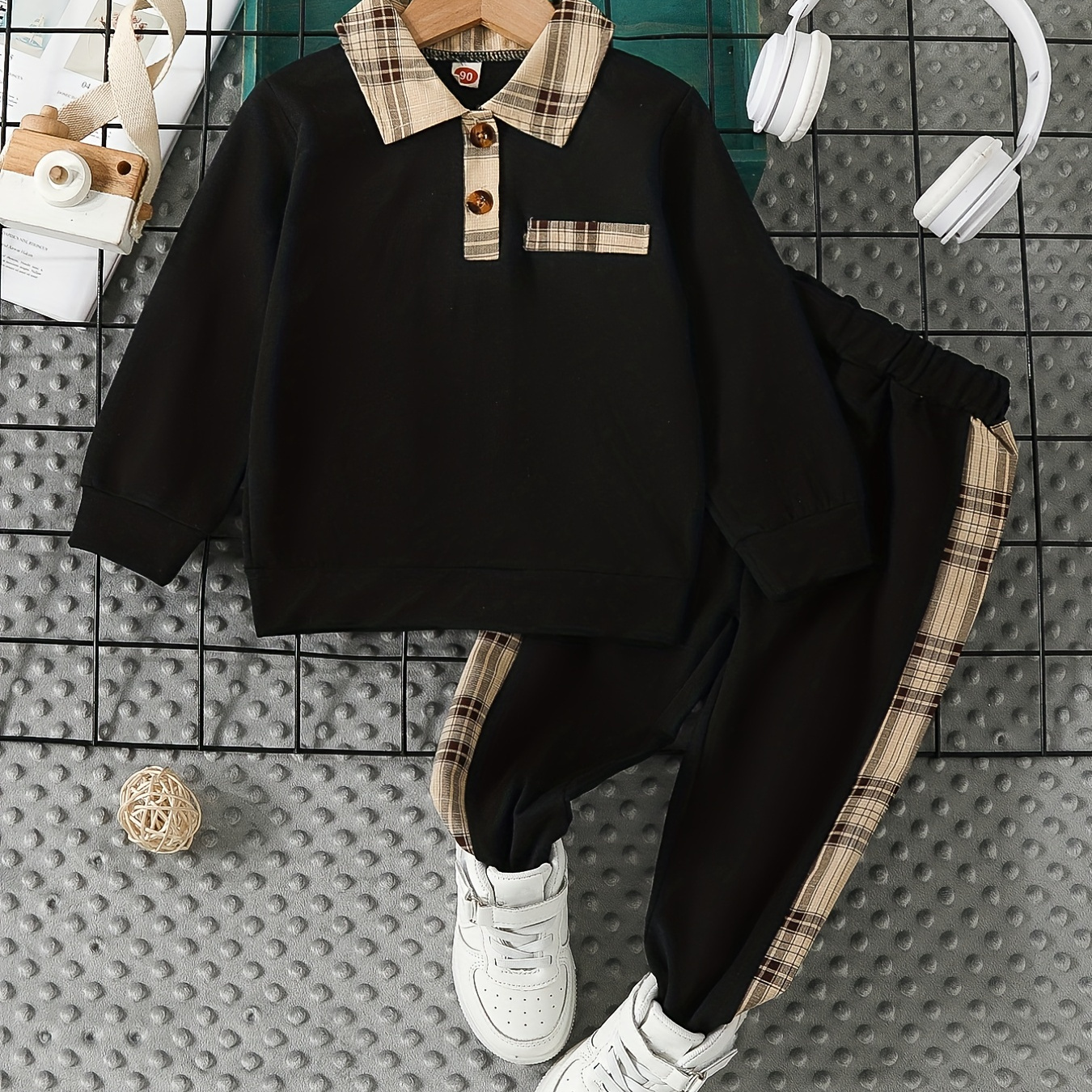 

2pcs Boys Casual Creative Plaid Long Sleeve Button Down Lapel Sweatshirt&sweatpants Sets, Kids Clothes