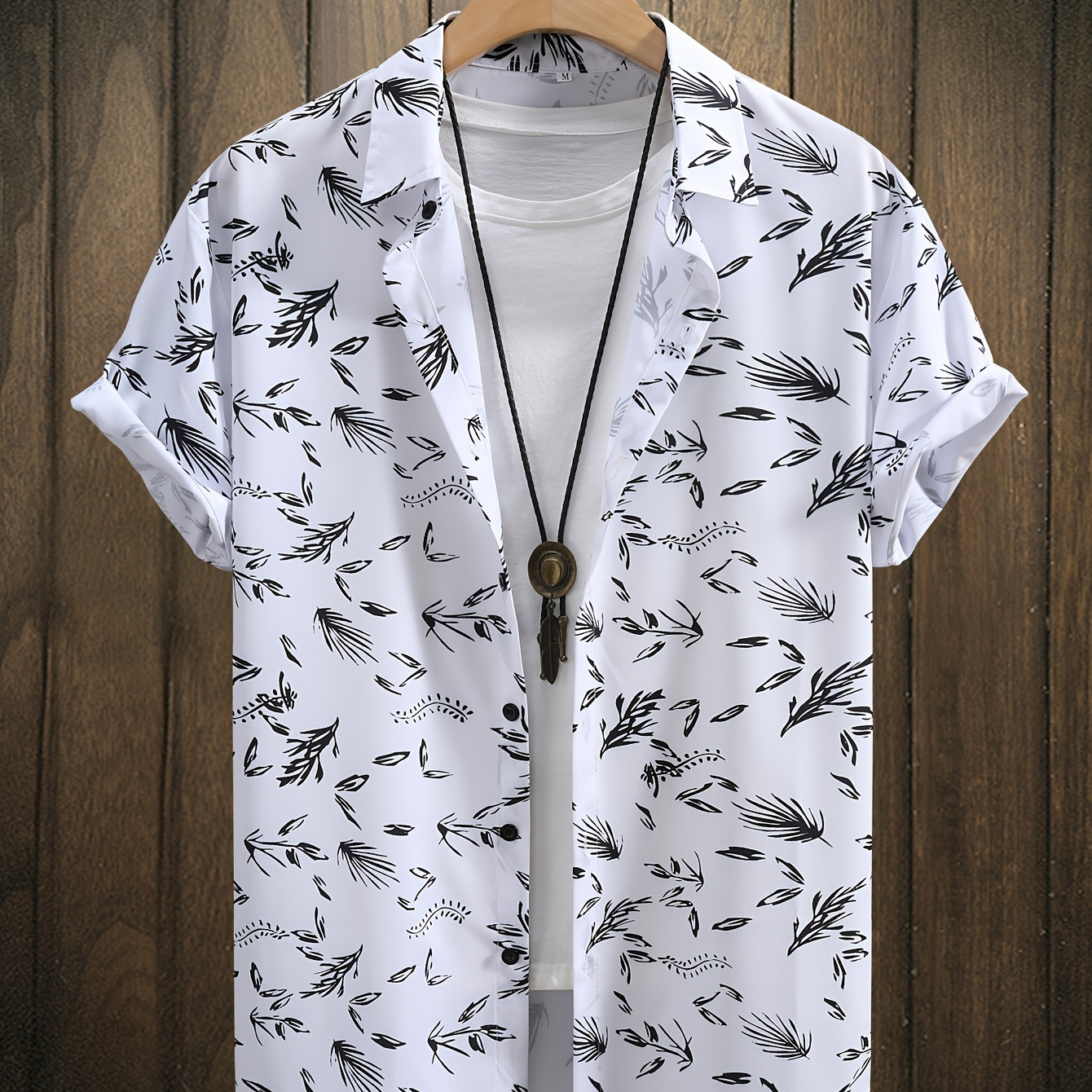 

Line Drawing Leaves Random Print Men's Short Sleeve Button Up Shirt For Summer Resort Vacation