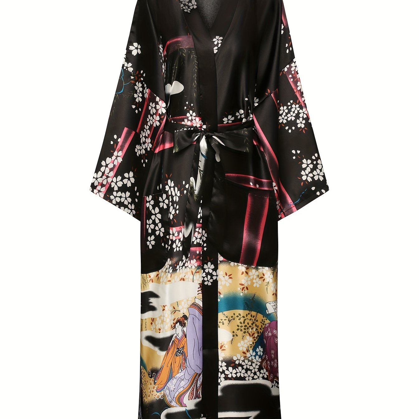 

Elegant Cherry Blossom Kimono-style Robe For Women - Soft Polyester, V-neck, Geometric Pattern, Pockets, Machine Washable, Sleepwear, Comfortable Sleepwear|elegant Housewear| With Pockets