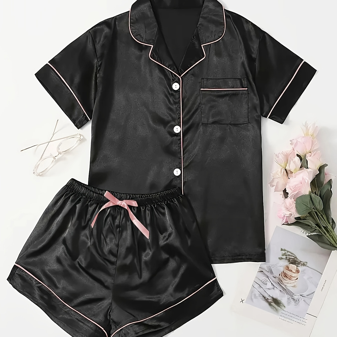 

Women's Solid Satin Casual Pajama Set, Short Sleeve Buttons Lapel Top & Bow Detail Shorts, Comfortable Relaxed Fit
