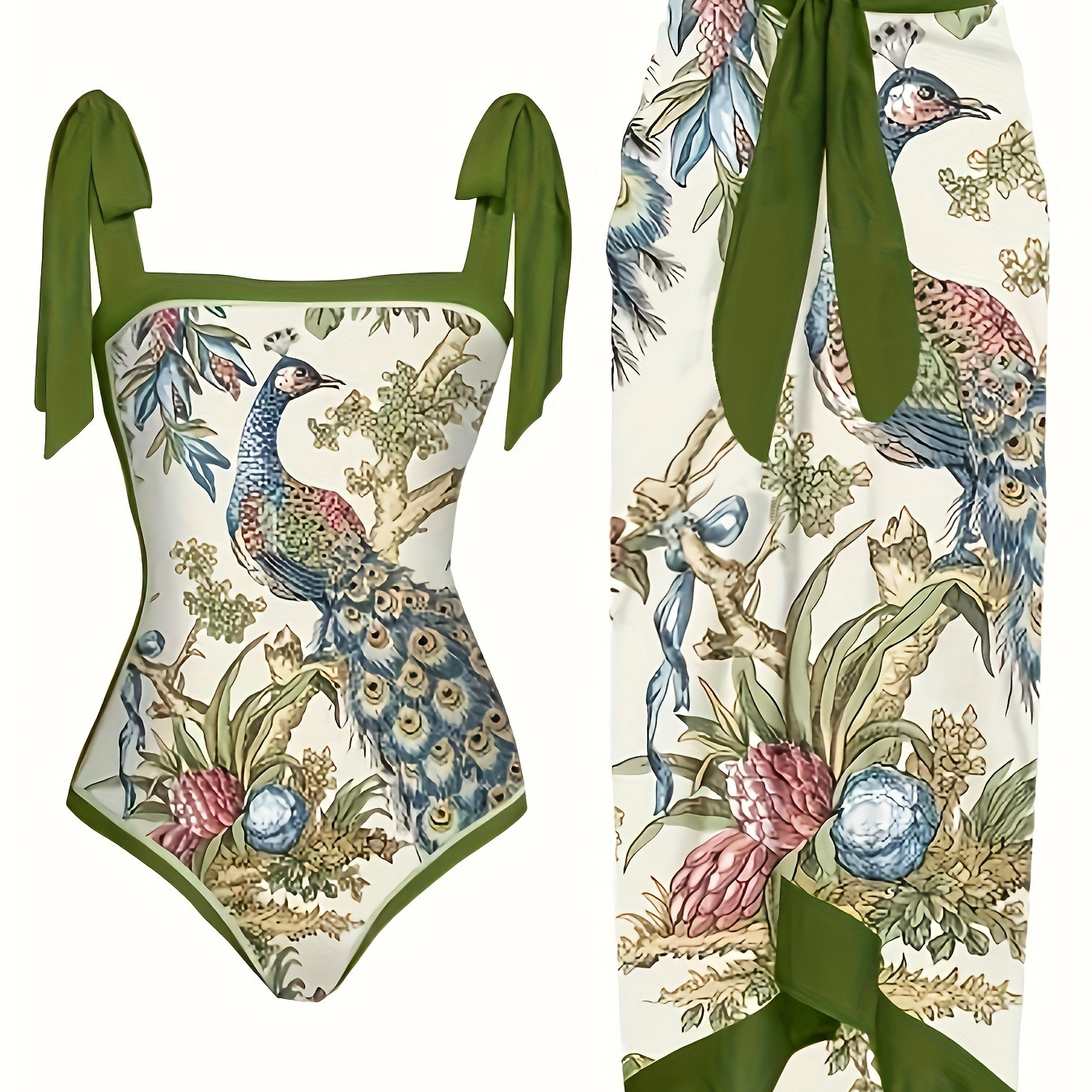 

Bird & Floral Print 2 Piece Swimsuits, Bow Tie Shoulder Straps Tummy Control One-piece Bathing-suit & Cover Up Skirt, Women's Swimwear & Clothing