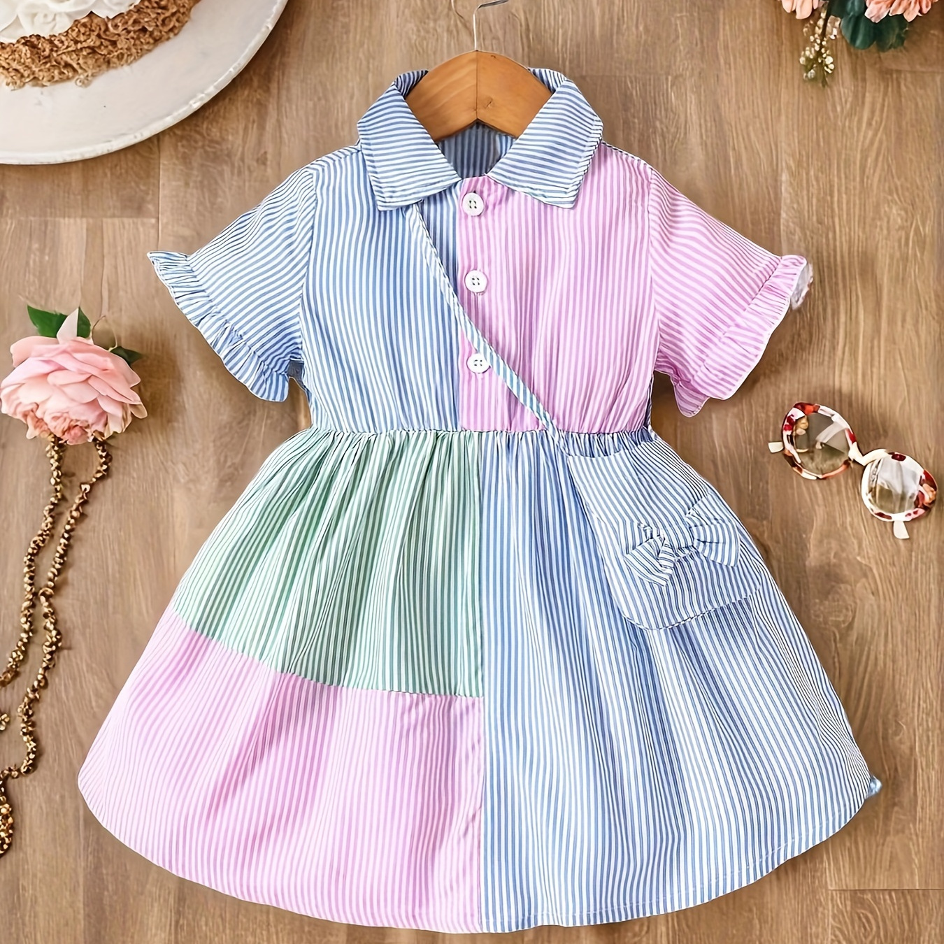 

Baby's Vertical Stripe Splicing Casual Dress & Bag, Turndown Collar Short Sleeve Dress, Infant & Toddler Girl's Clothing For Summer/spring