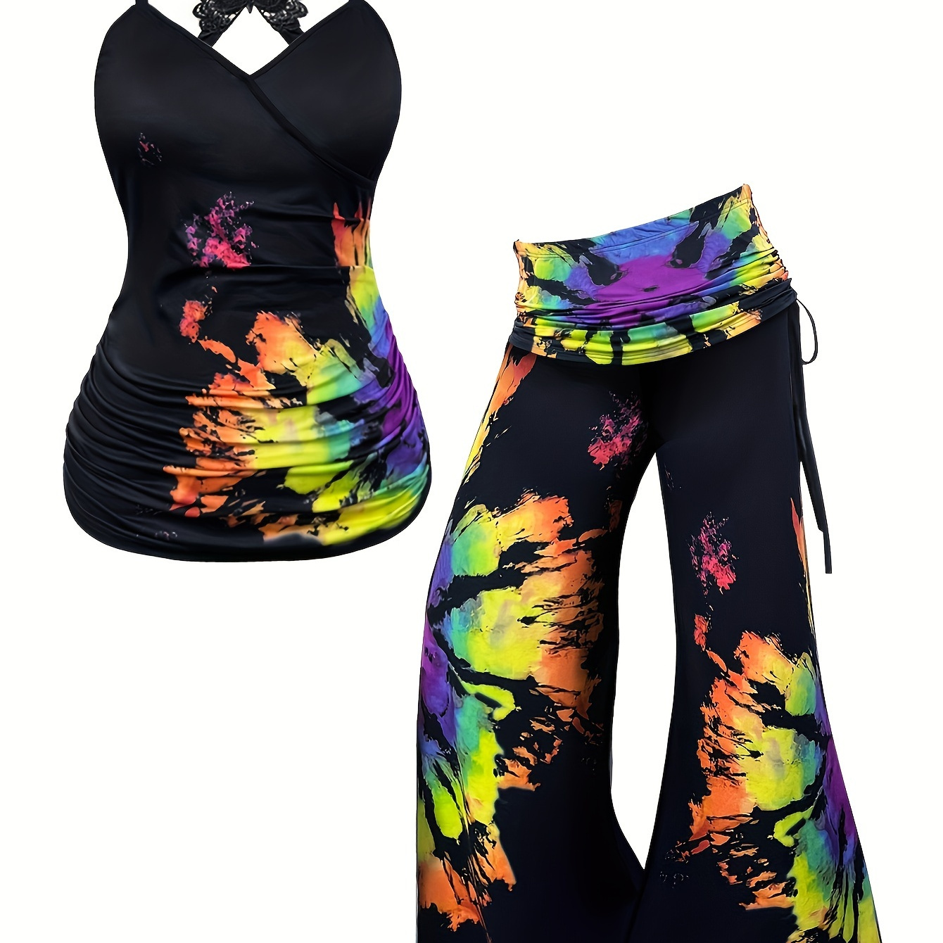 

Plus Size Tie Dye Print Two-piece Set, Butterfly Pattern V Neck Cami Top & Loose Pants Outfits, Women's Plus Size clothing