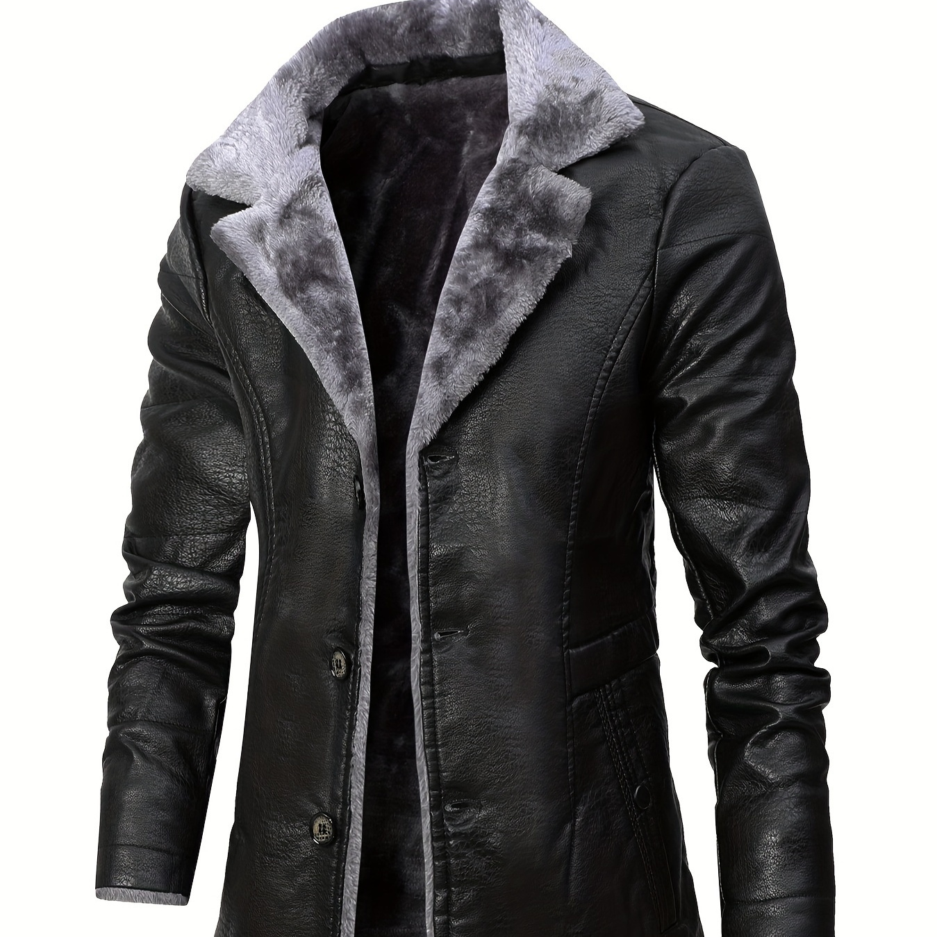 

Men's Casual Warm Fleece Lined Pu Leather Jacket, Chic Button Up Overcoat