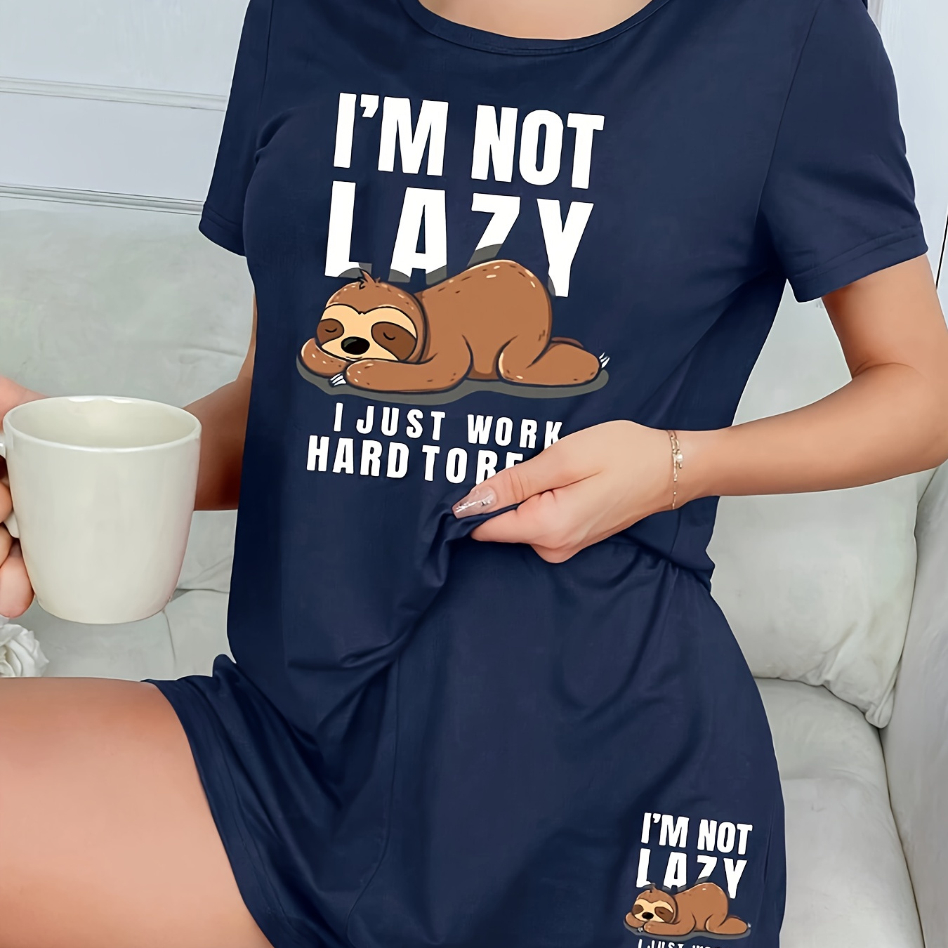 

Women's Cute Sloth & Slogan Print Pajama Set, Short Sleeve Round Neck Top & Shorts, Comfortable Relaxed Fit