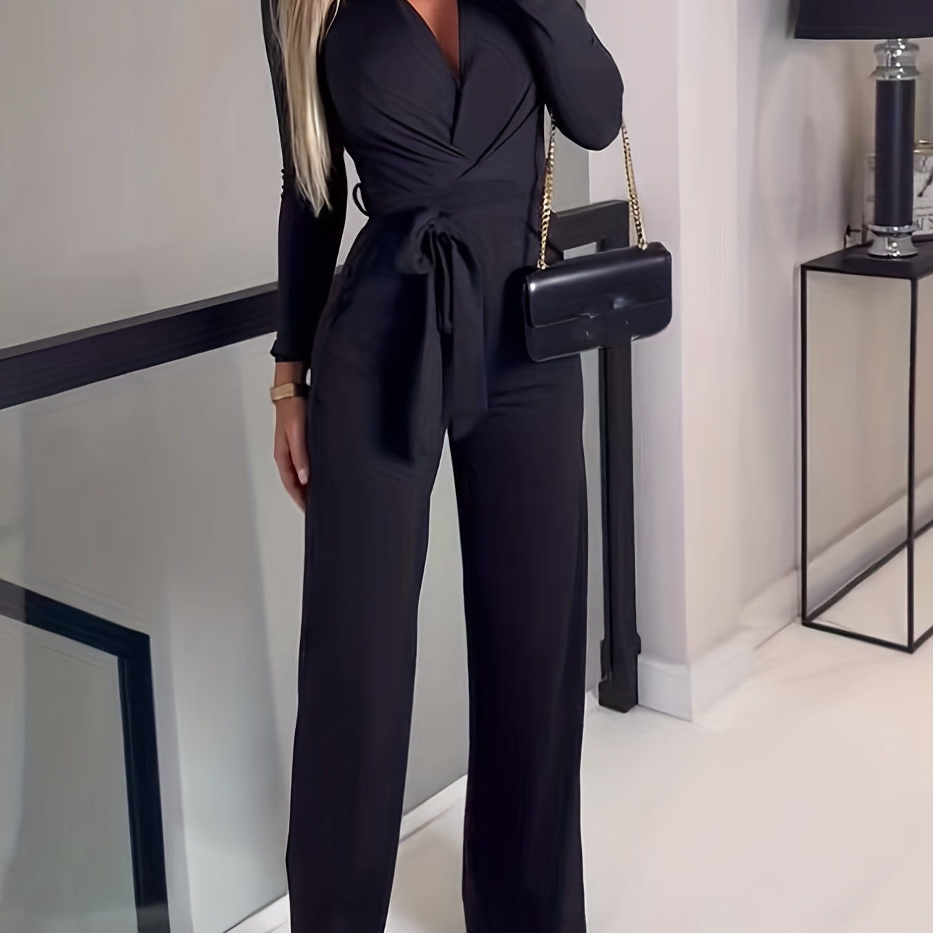 

Wide Leg Belted Jumpsuit, Sexy Long Sleeve V Neck Jumpsuit, Women's Clothing