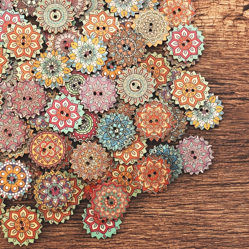 

100pcs 20mm Bohemian Classical Flower Shaped Button Color Retro Cartoon Wooden Buckle Handmade Diy Accessories Decoration (color Random)