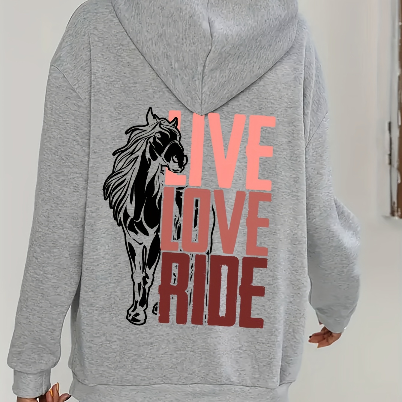 

Plus Size Horse Print Kangaroo Pocket Hoodie, Casual Long Sleeve Drawstring Hoodies Sweatshirt For Spring & Fall, Women's Plus Size Clothing