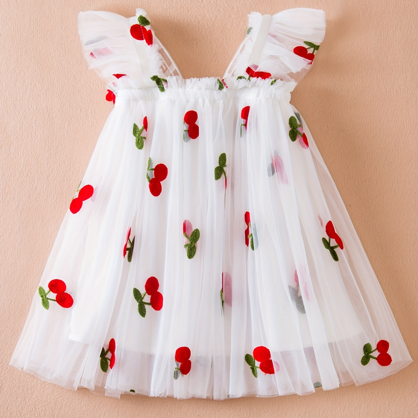 

Toddler Girls Ruffle Trim Cherry Embroidery Frill Trim Back Butterfly Decor Princess Mesh Puffy Dress For Party Beach Vacation Kids Summer Clothes