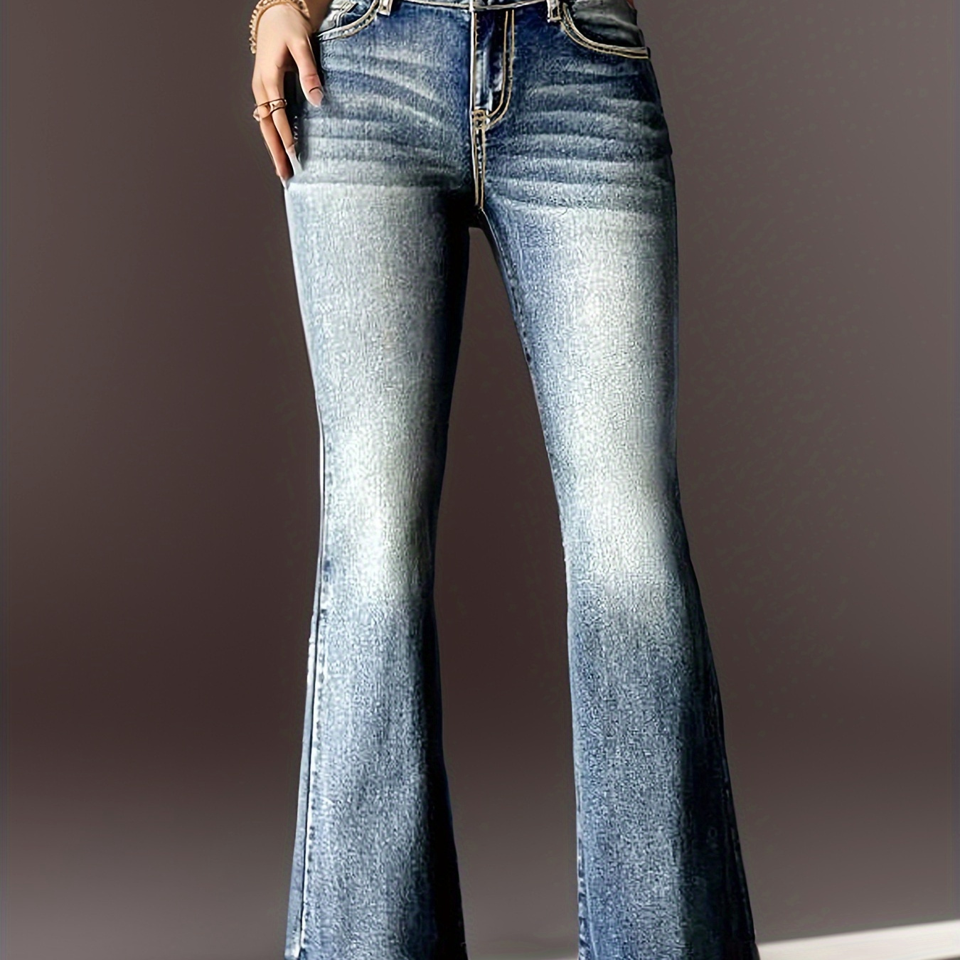 

Whiskering Retro Flare Leg Jeans, High Rise Slash Pocket Medium Stretch Bell Bottom Denim Pants, Women's Denim Jeans & Clothing