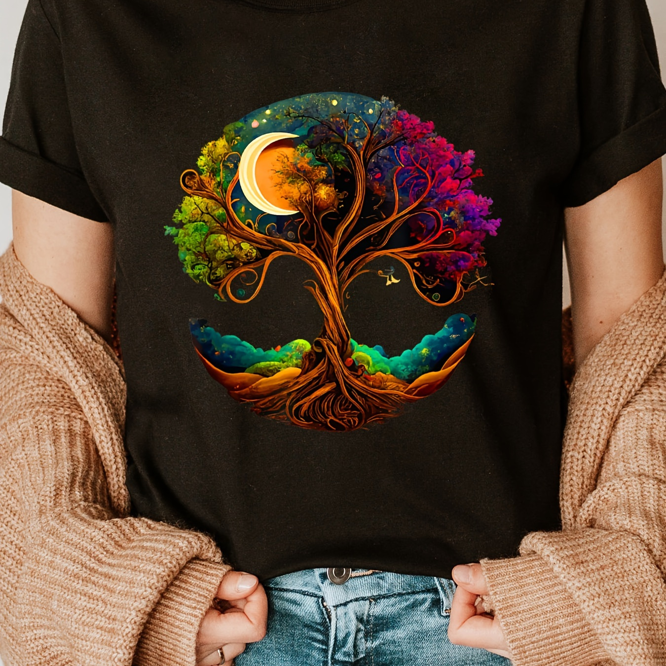 

Tree Print Crew Neck T-shirt, Short Sleeve Casual Top For Summer & Spring, Women's Clothing