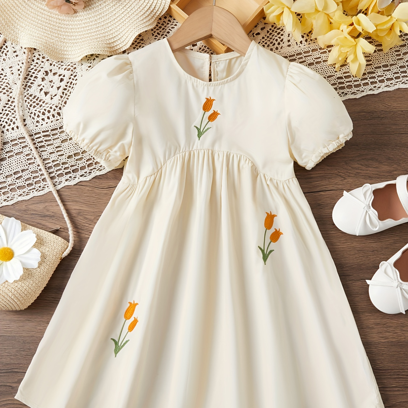 Elegant Cotton Dress Flower Embroidery Girls Flutter Sleeve - Temu