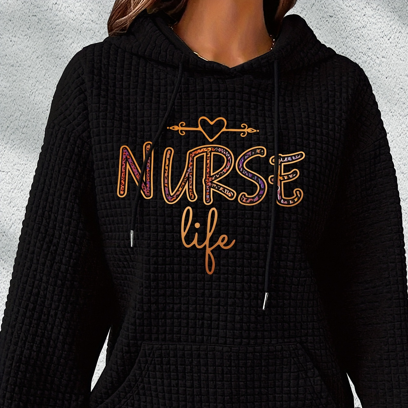 

Plus Size Nurse Print Drawstring Waffle Hoodie, Casual Long Sleeve Sweatshirt For Fall & Winter, Women's Plus Size Clothing