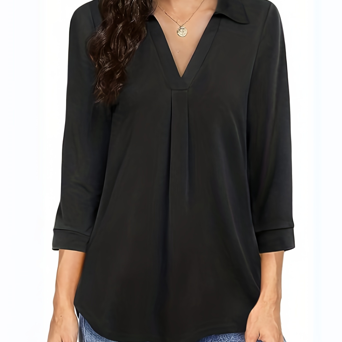 

Plus Size Casual Blouse, Women's Plus Solid Half Sleeve Turn Down Collar Tunic Top