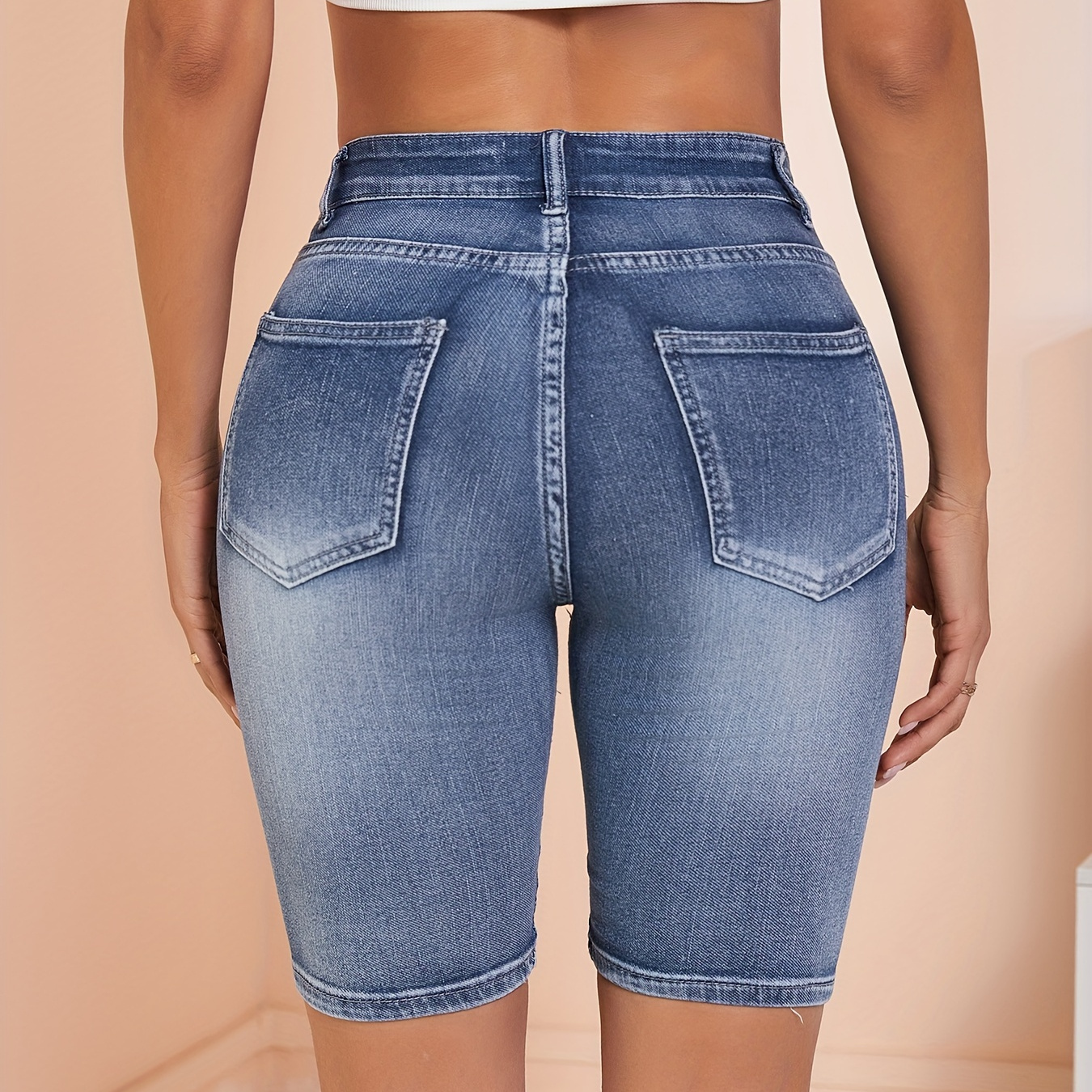 

Washed Blue High Rise Bermuda Denim Shorts, Casual Slash Pocket Versatile Denim Shorts, Women's Denim Jeans & Clothing