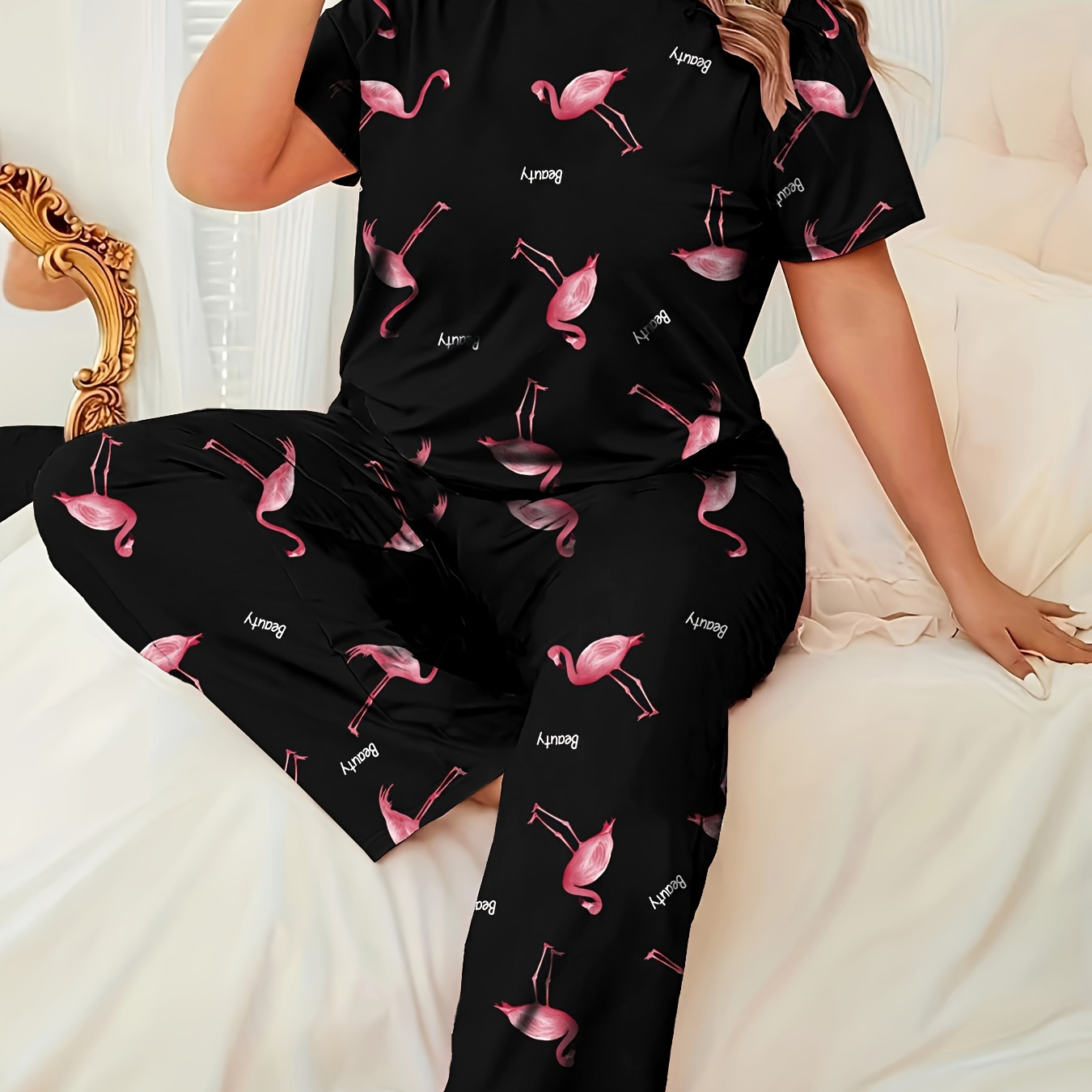 

Women's Plus Size Cute Flamingo Print Pajama Set, Polyester Knit Fabric With Stretch, Cartoon Patterned Sleepwear, Comfortable Adult Lounge Set