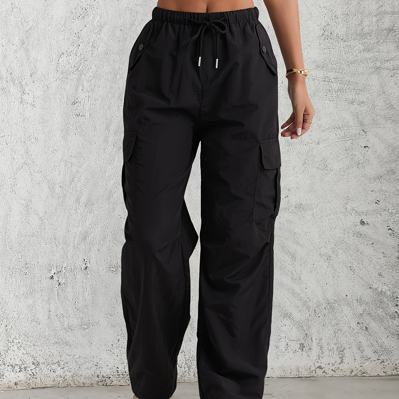 

Flap Pocket Solid Cargo Pants, Casual Drawstring Waist Pants, Women's Clothing