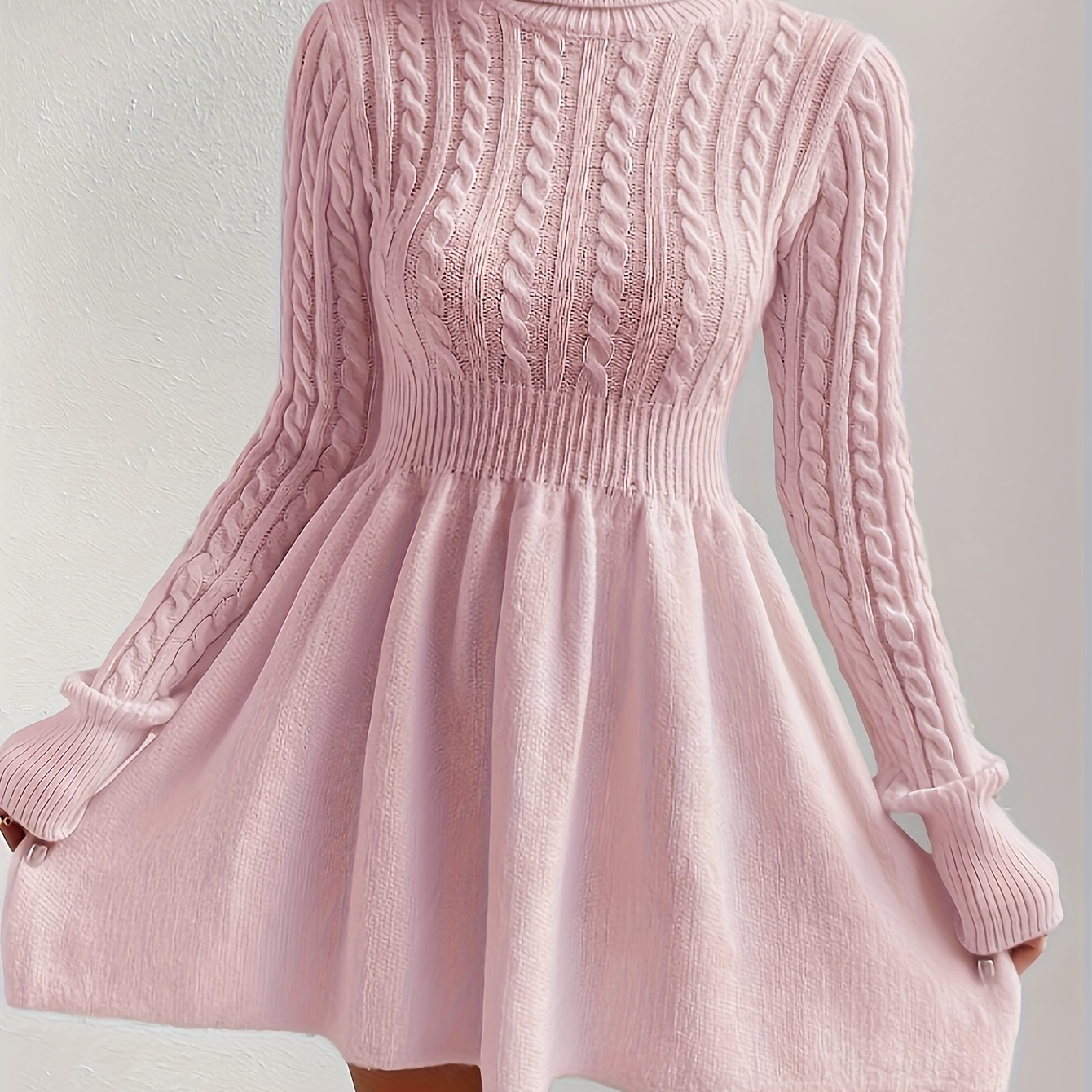 

Cable Knit Solid Dress, Elegant Long Sleeve Above Knee A-line Sweater Dress, Women's Clothing