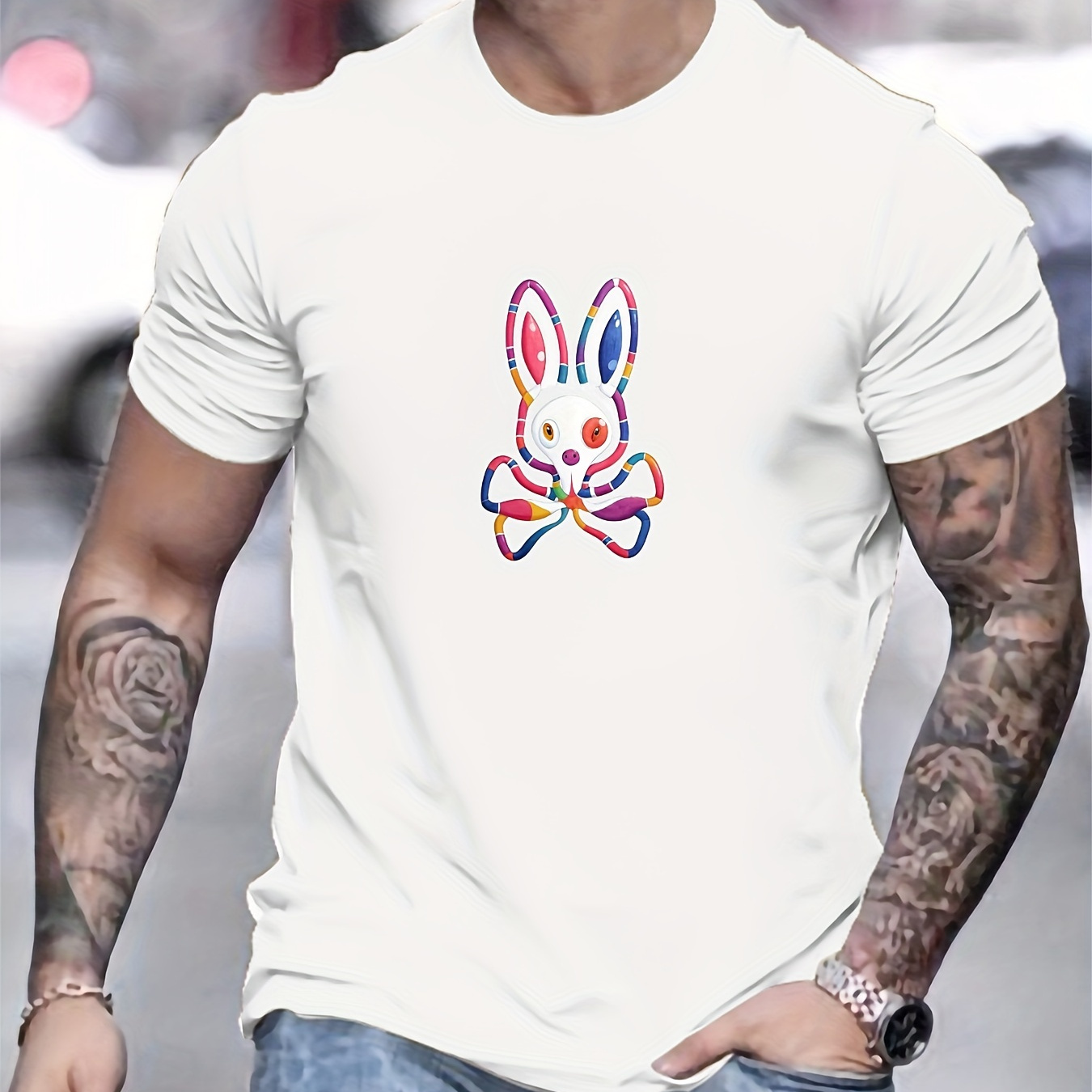 

Colored Rabbits Skeletons Print Cotton T-shirt For Men, Comfortable & Stretchable, Summer Outdoor Activity, Streetwear Style, Crew Neck Top, Casual Pattern Tee For Gift, Summer Apparel Casual Fit