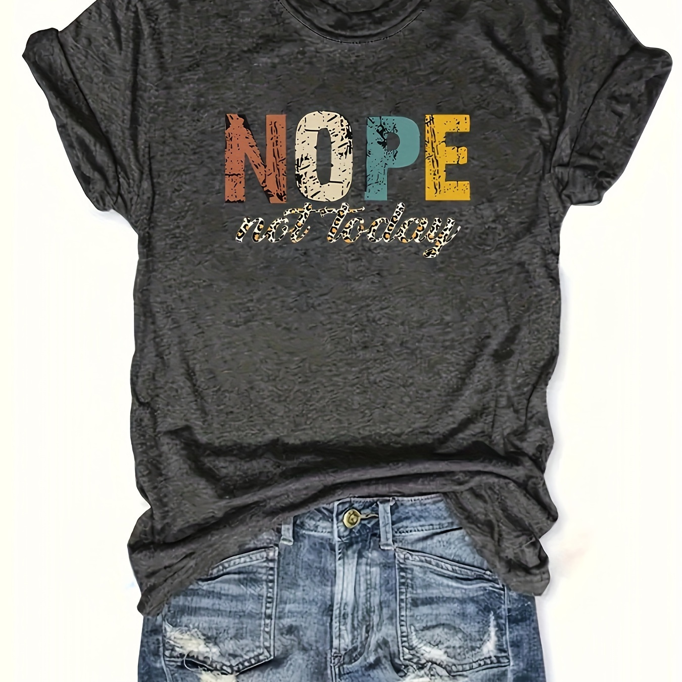 

Nope Letter Print T-shirt, Short Sleeve Crew Neck Casual Top For Summer & Spring, Women's Clothing