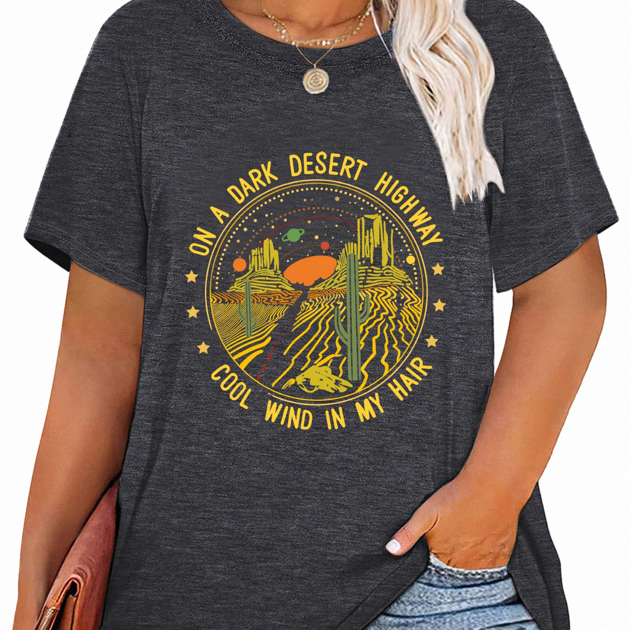 

Plus Size Western Style T-shirt, Women's Plus Desert & Slogan Print Short Sleeve Round Neck T-shirt
