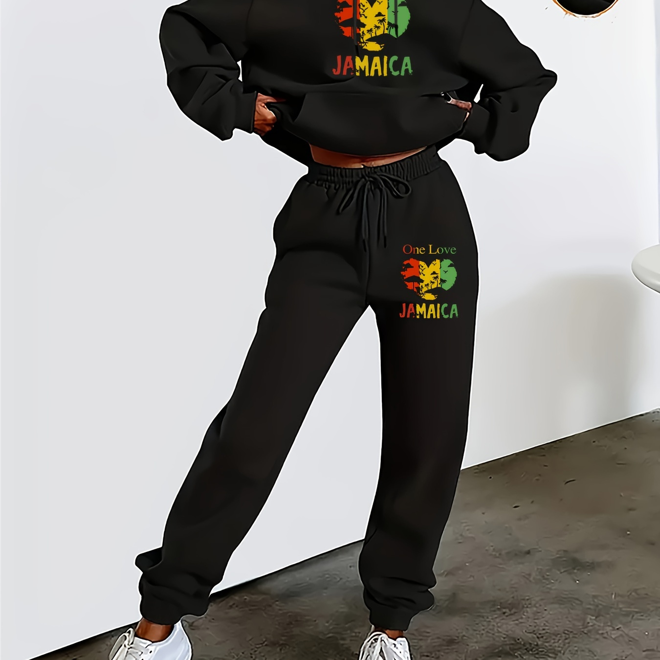 

Ensemble Confortable avec Doublure en pour - Sweat à Capuche et Joggers Décontractés avec Cordon de Serrage, Sweatshirt à Poches avec Imprimé Cœur + Pantalon Long pour Femme - pour /Hiver