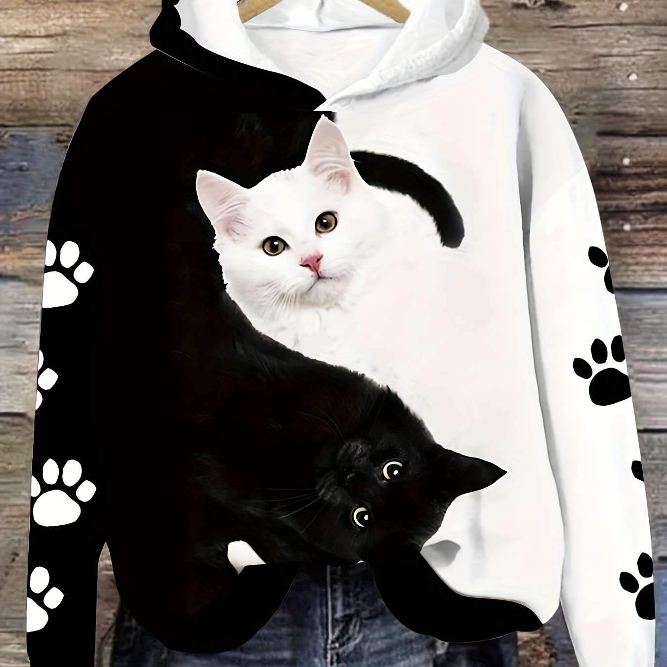 

Women's Cozy Cat Print Hoodie - Casual Long Sleeve Pullover With Kangaroo Pocket, Machine Washable, Polyester