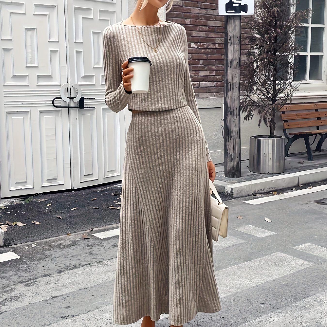 the toe loannina skirt knit セット elegant solid knit ribbed skirt set long sleeve boat neck
