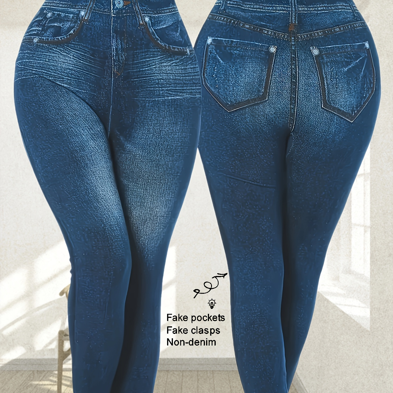 

Plus Size Women's Stretch Denim-look Leggings - High Elasticity, Machine Washable, Pockets Detail, Polyester & Elastane , Smooth Fabric, Ideal For Vacation, Plus Size Jeans