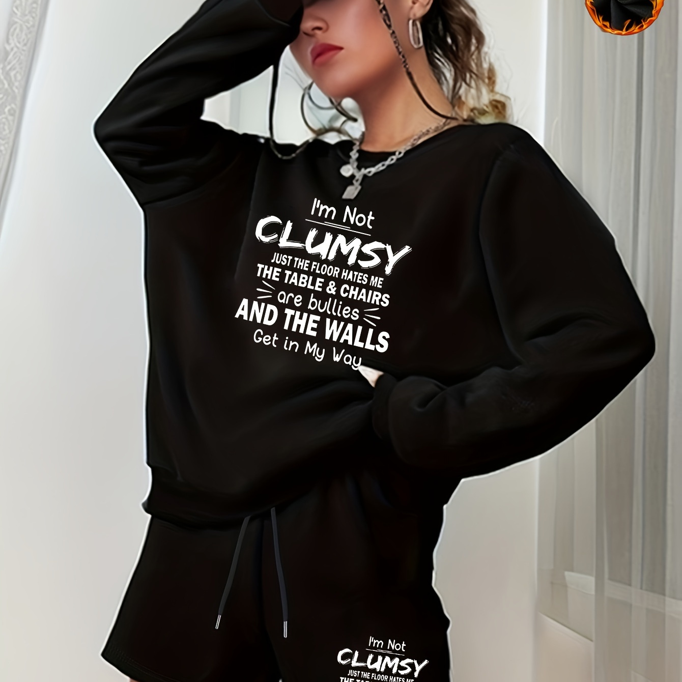 

Cozy Plus Size Women's Fleece Sweatshirt & Shorts Set - Letter Print, Crew Neck, Long Sleeve With Drawstring Detail, Plus Size Sweatshirt