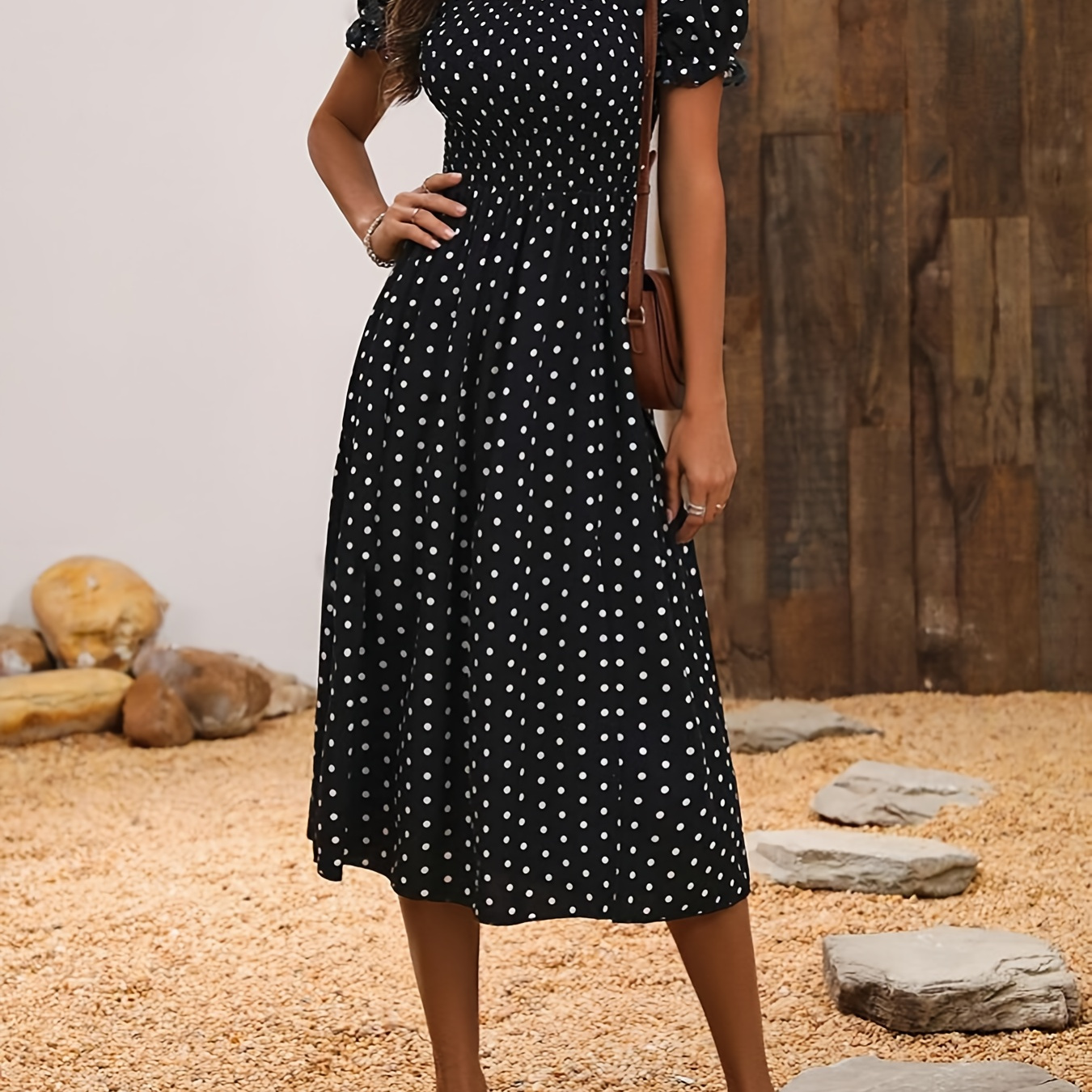 

Backless Polka Dot Slit Dress, Elegant Puff Sleeve Square Neck Dress For Spring & Summer, Women's Clothing