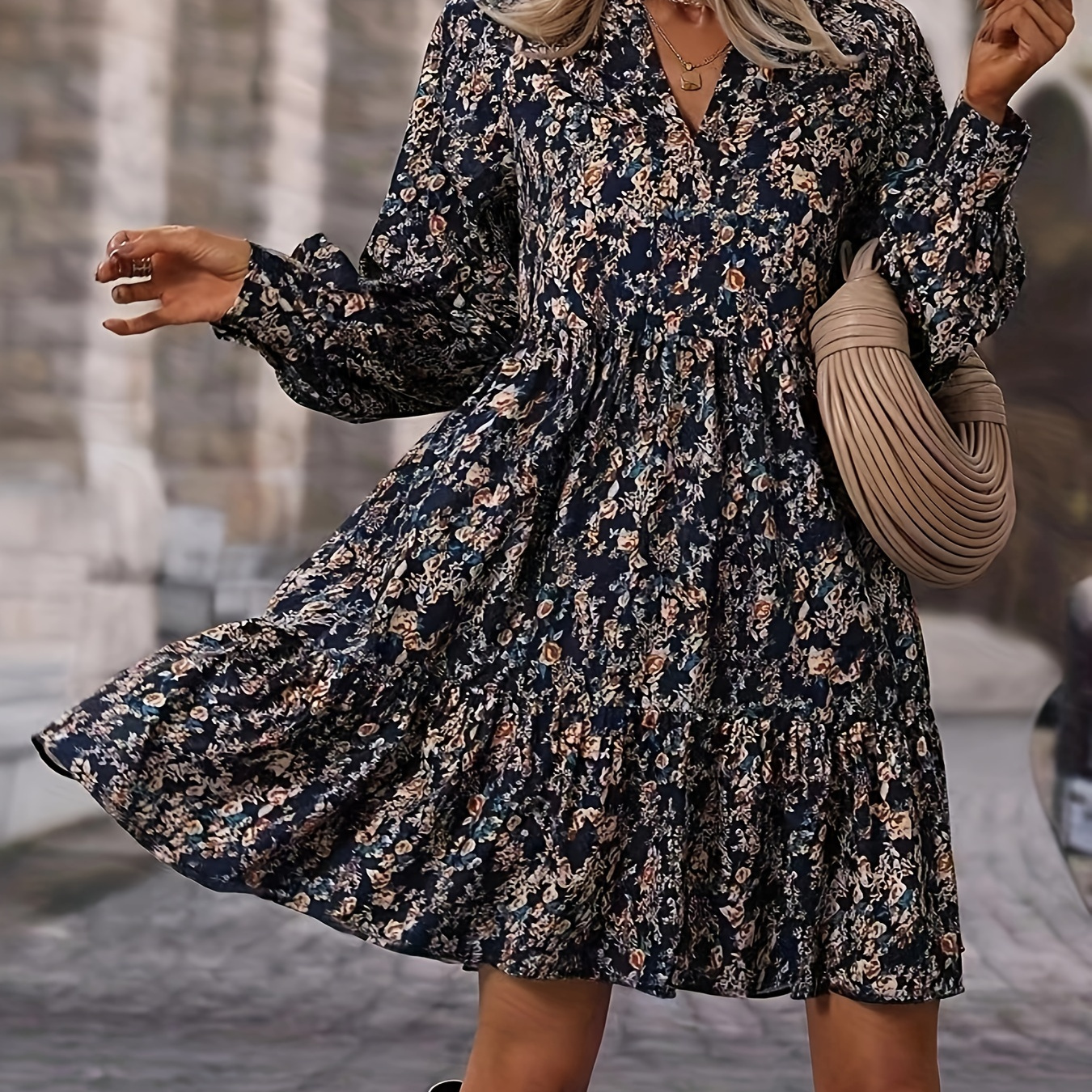 

Ditsy Floral Print Mini Dress, Casual V Neck Tiered Long Sleeve Dress, Women's Clothing