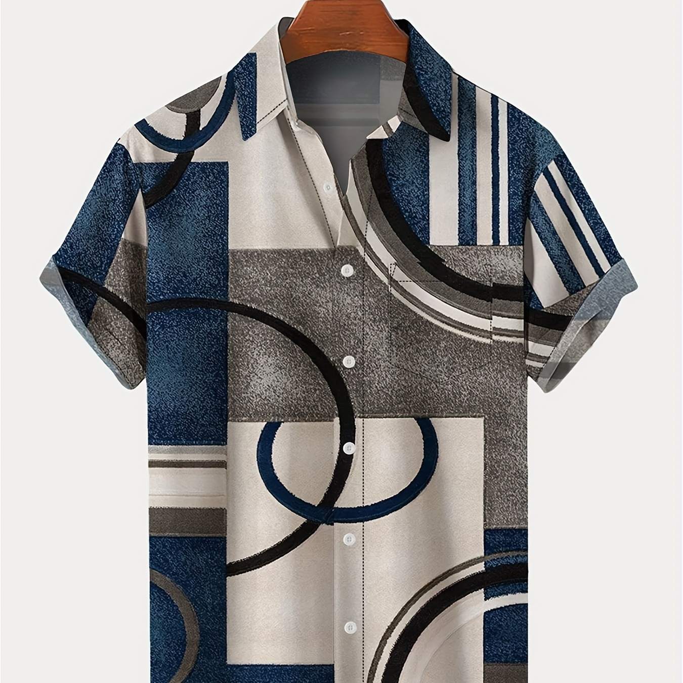 

Plus Size Mens Hawaiian Lapel Bowling Shirt, Retro Geometric Print Short Sleeve Button Down Vintage Vacation Camp Shirt With Chest Pocket