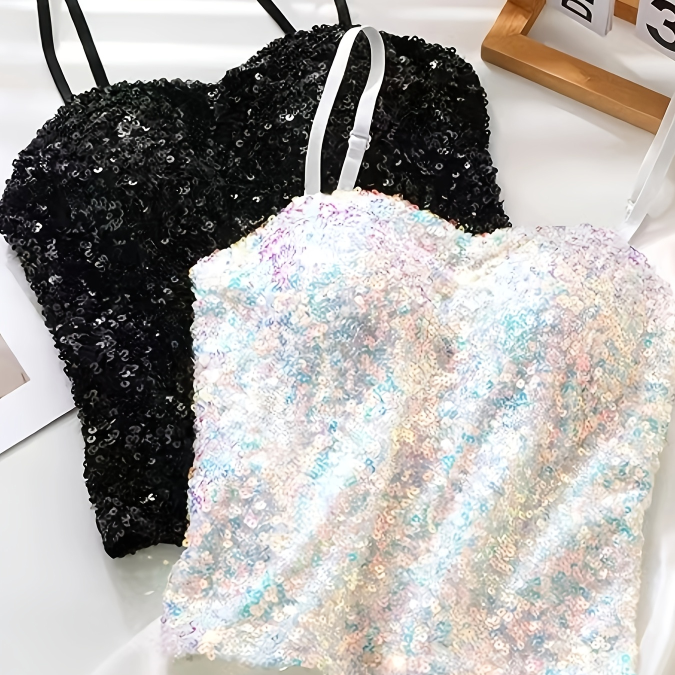 

2pcs Off The Shoulder Sequined Camisoles, Polyamide Knit Fabric, Sexy Strapless Slingback Tank Tops, Solid Color, Short Length, For All