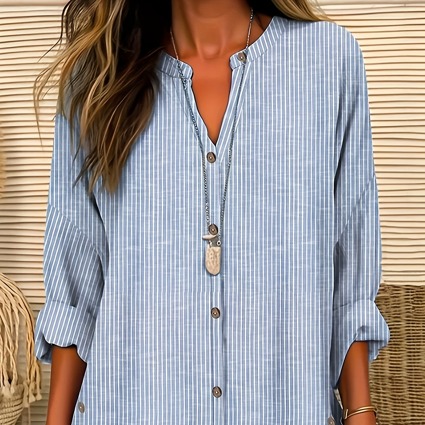 

Stripe Print Button Front Blouse, Casual Long Sleeve Blouse For Spring & Fall, Women's Clothing
