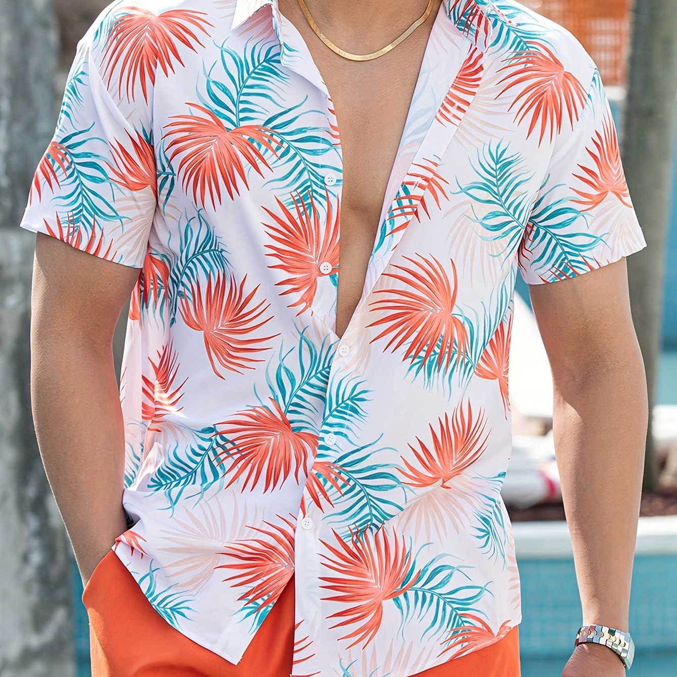 

Tropical Leaves Pattern Men's Short Sleeve Button Down Lapel Shirt For Summer Resort Holiday, Hawaiian Style
