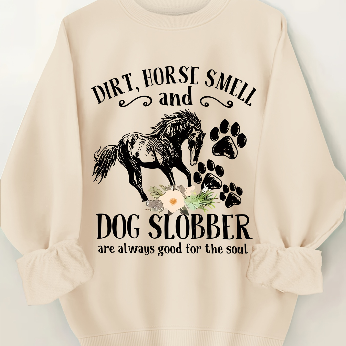 

Horse & Letter Print Sweatshirt, Casual Crew Neck Long Sleeve Sweatshirt, Women's Clothing