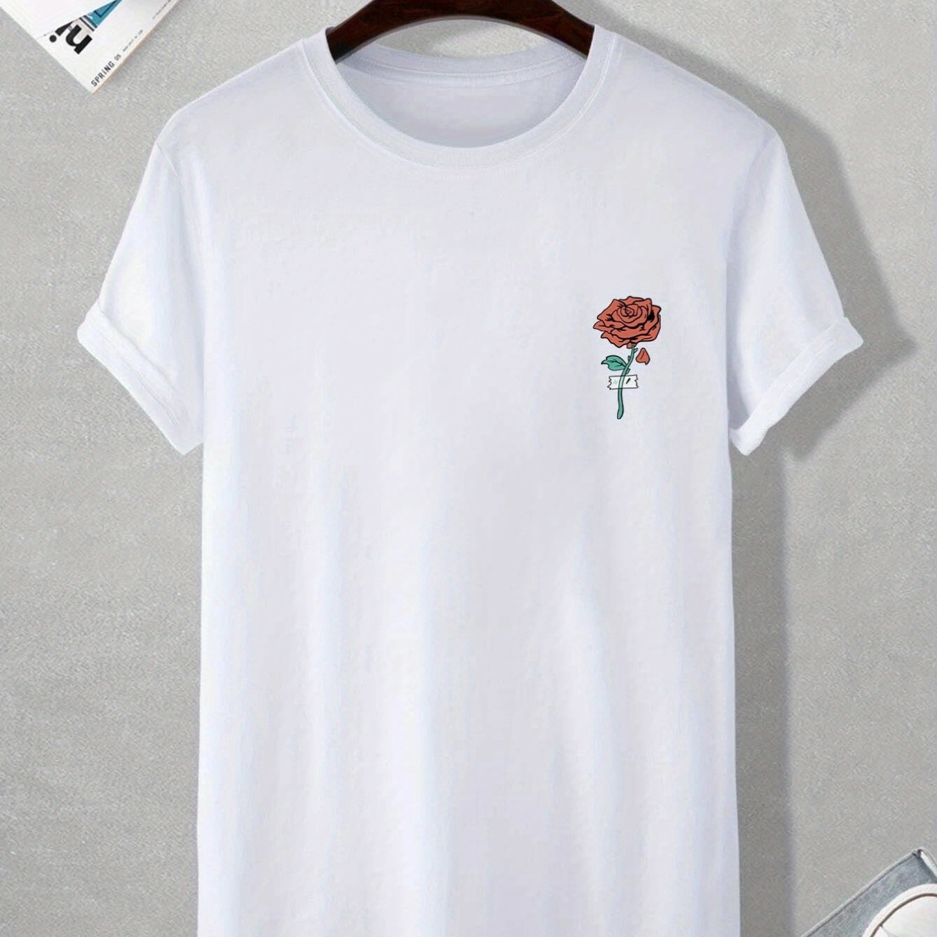 

Rose Pattern Print Men's Comfy T-shirt, Graphic Tee Men's Summer Outdoor Clothes, Men's Clothing, Tops For Men