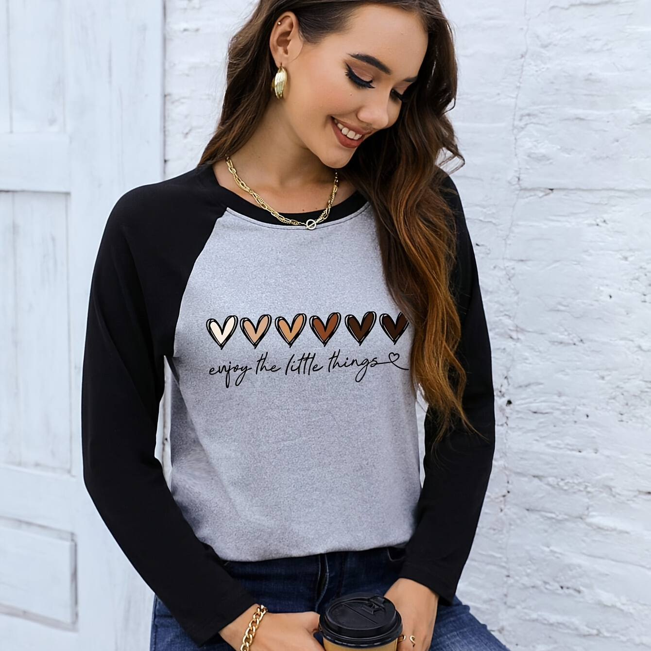 

Heart Print Raglan Long Sleeve T-shirt, Casual Crew Neck Top For Spring & Fall, Women's Clothing